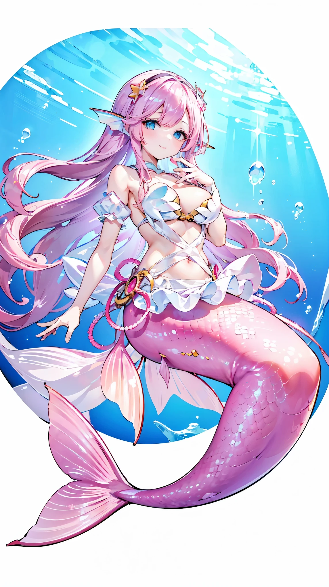 (masterpiece, Best quality),(Full fingers),A girl,Pink Hair,Hair accessories,White Dress,Blue Eyes,Head fin,Solitary,Big breasts,Mermaid,粉色的Mermaid尾巴,Full body photo,(Underwater:1.2),charming face(Kawaii, charming,Soft),Smile