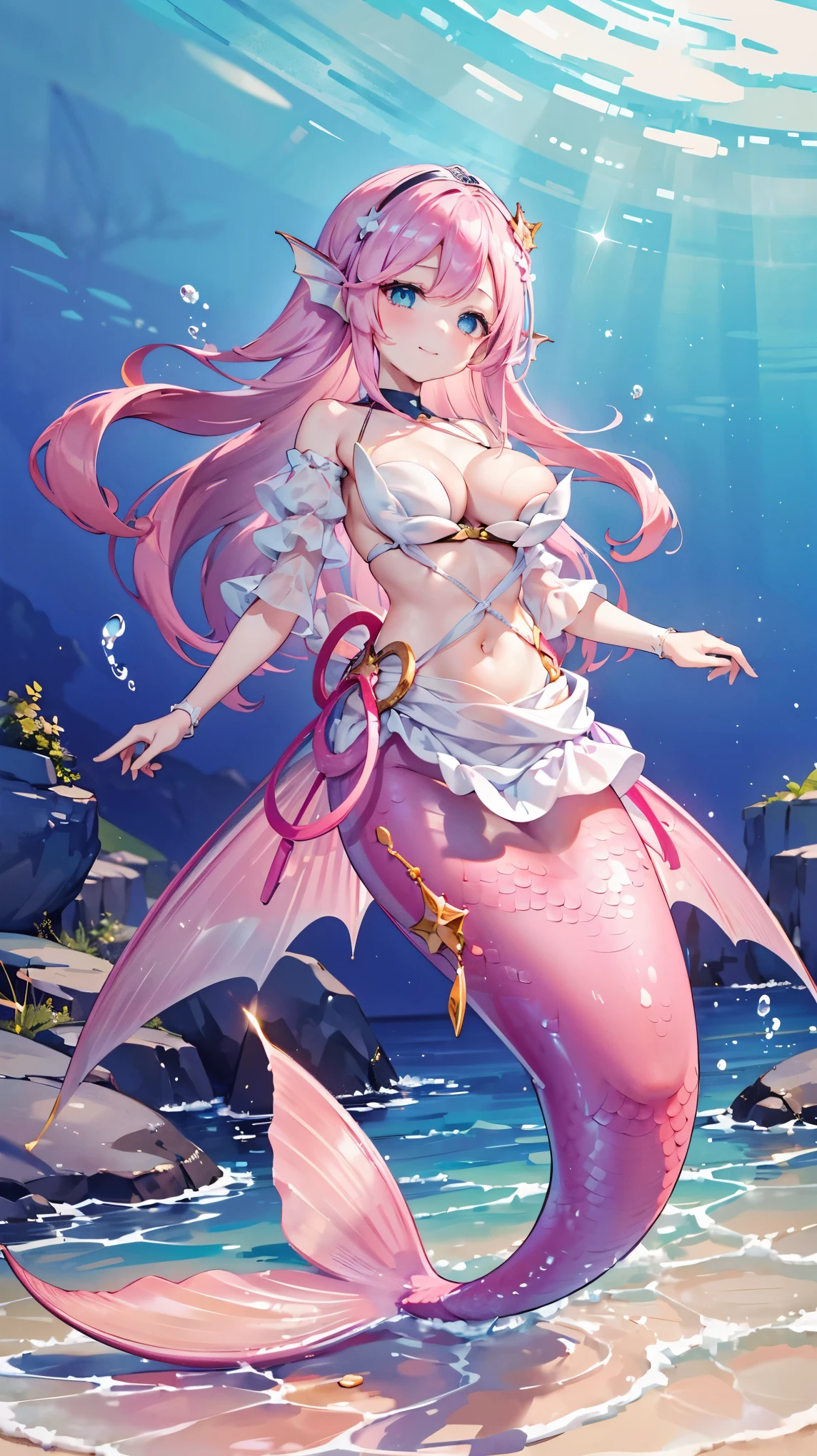 (masterpiece, Best quality),(Full fingers),A girl,Pink Hair,Hair accessories,White Dress,Blue Eyes,Head fin,Solitary,Big breasts,Mermaid,粉色的Mermaid尾巴,Full body photo,(Underwater:1.2),charming face(Kawaii, charming,Soft),Smile