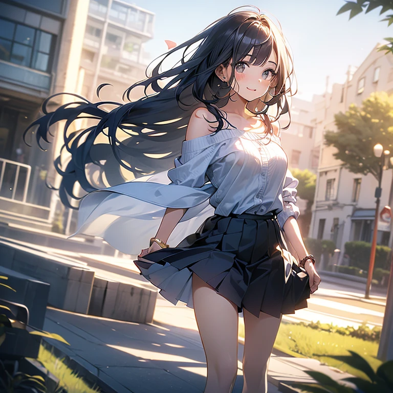 Top Quality, Masterpiece, Ultra High Resolution, 8K, Summer Sky, Early Summer, (Flared Skirt, Blouson, Sneakers), Shojo Manga Style , One, Soft Line Art, Digital Enhancement, Shojo Manga Touch, Shojo Manga Core, Flowing Fabric, Close Up, (Hair length and short braid to the shoulders)), Wet hair, Soft drawing, Beautiful black hair, Clear eyes, ((teasing smile)), Ultra-detailed digital anime art, clear face depiction, ultra-detailed shoujo manga character art, clear facial features, ultra-detailed manga style, top quality colors, hand gestures, landscape with nature, looking up at the sky, foot-up angle