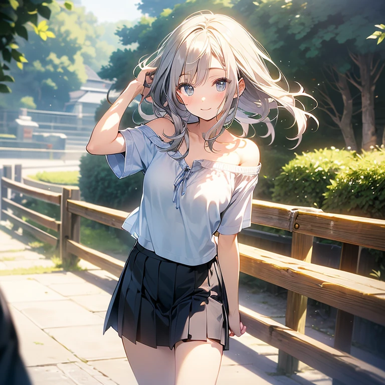 (best quality, masterpiece), close-up, photo, 1girl, (solo), white hair, short hair, off-shoulder short orange camisole, short skirt, unskirt, panties, zettai ryouiki, from below, panty peek, blushing, doubt , frown, earrings, earrings, hairpins, streets, overpasses, stairs, traffic lights, signs, cars, zebra crossings, blue sky, white clouds
