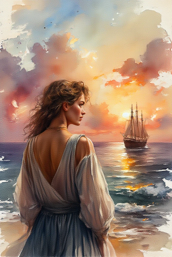 Watercolor style, watercolor, wet on wet, paintstreaks, watercolor painting, \nA A captivating, textured painting that encapsulates the tranquility of a serene sunset over the sea. The focal point is a close-up, back view of a woman gazing interestly into the ship as it sails into vast waters with low waves. The golden light reflects off the water's surface, casting a shimmering glow. In the distance, a sailing ship gracefully glides, its sails billowing in a gentle breeze. The background is a harmonious blend of red, orange, white, and blue hues, evoking the final moments of the sunset. The artist's masterful use of thick brushstrokes creates a lively, three-dimensional effect, drawing the viewer into this cinematic and conceptual masterpiece.