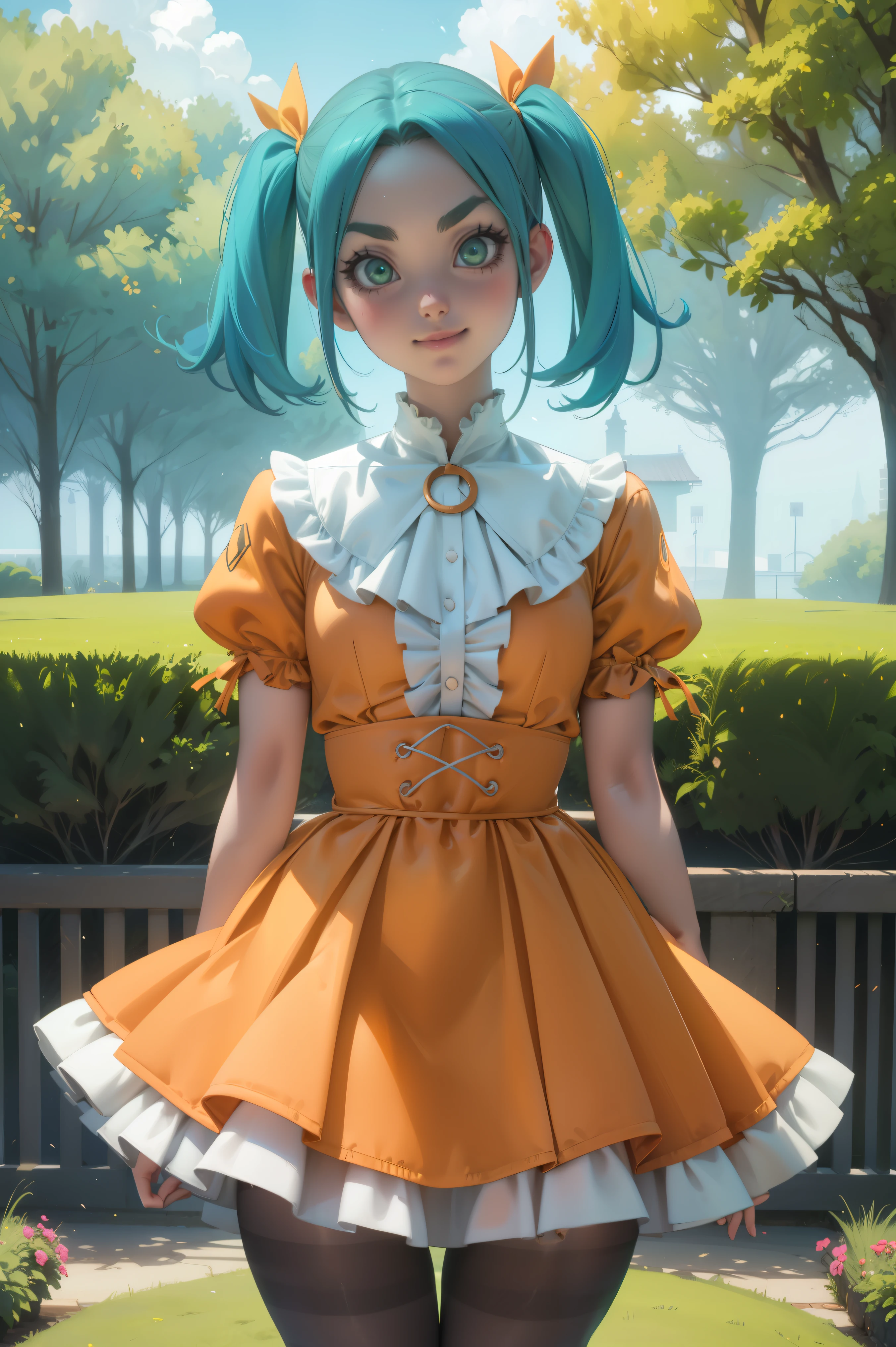 1 girl, standing alone, gazing at viewer,
ononokiyotsugi, water hair, shorth hair, greeneyes, twintails, Thick eyebrows, 
striped pantyhose, blue and gray pantyhose, Clear latex, Vestindo tecidos transparent  (nsfw), highest fabric material, 8k performance of fabric, rendering by physics engine calculations)::1.96. (high qualiy, detailed CG art), (beautiful lighting and shadow, floating effect) ,orange dress, white frills, ha, puff sleeves, manga curta, transparent, degree of transparency 80%) ,he used to smile , adorable face , cowboy shot, About KelvinHiuArt ,flat-colors, ,Contour,
Garden, trees, close up,
unexpressive, cloused mouth,