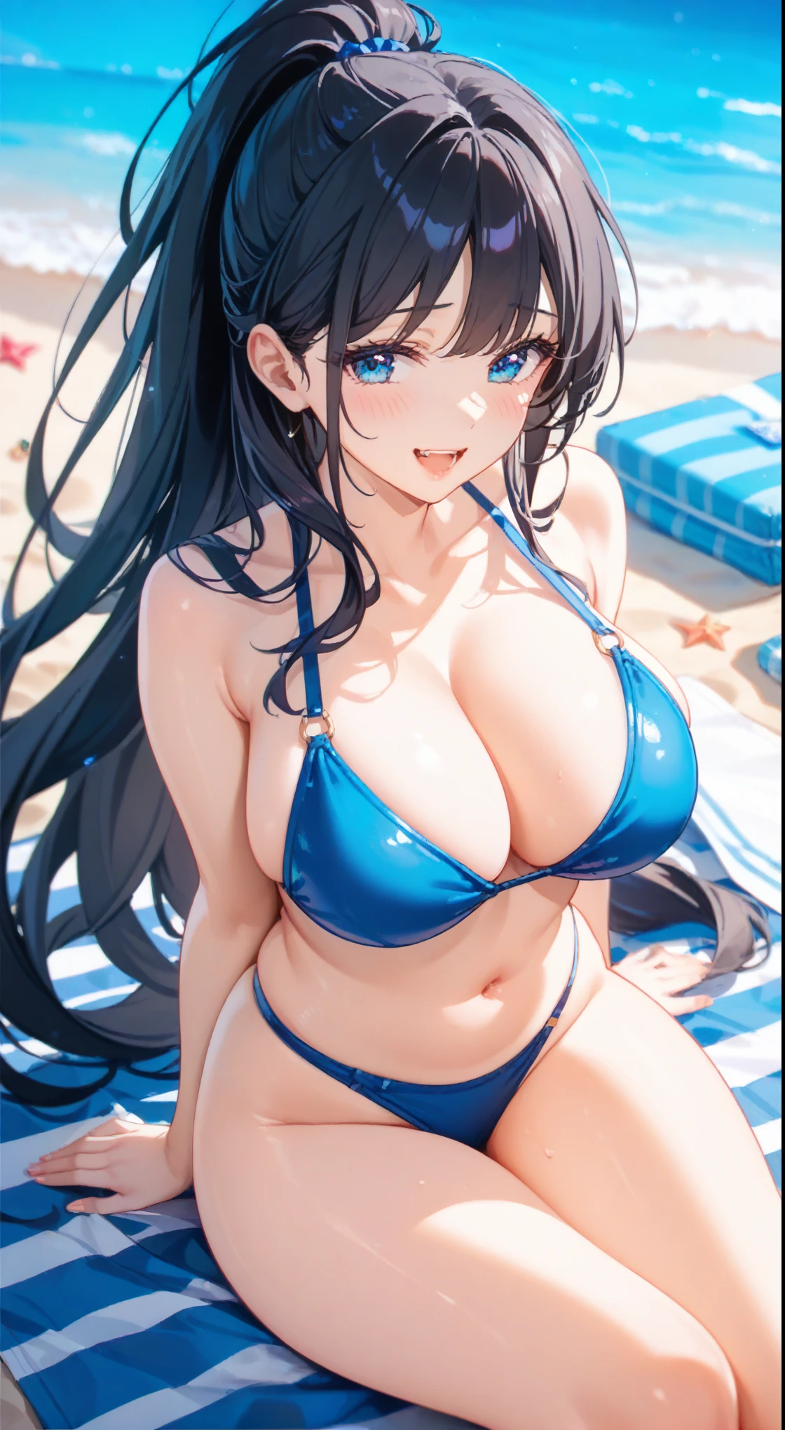 NFSW, water着, One girl, blue eyes, large 胸, belly button, water, Close one eye, Nipple slip, Open your mouth, Thighs, slingshot water着, bikini, null, Underarm, View your viewers, Outdoor, Wet, thick Thighs, Raise the hand, hair ornaments, thin micro bikini, Day, Covered nipples, water遊び, smile, blue null