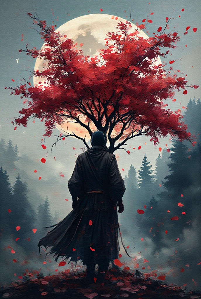 Watercolor style, watercolor, wet on wet, paintstreaks, watercolor painting, \nA A stunning Japanese-inspired fantasy painting of a lone samurai, silhouetted against a massive full moon, standing beneath a windswept, crimson-leafed tree. Falling petals swirl around him, creating a melancholic yet serene atmosphere. The dramatic chiaroscuro lighting highlights the dramatic contrast between the cool-toned background of deep blues and grays and the warm reds of the foliage. The detailed rendering of the samurai's clothing and the tree's branches, along with the textured brushstrokes, windswept effect on the leaves and the samurai's robe, evoke a sense of depth and isolation. This captivating scene is reminiscent of Yoshitaka Amano's work, with the dramatic lighting of Ivan Shishkin. The painting has a cinematic quality, making it perfect