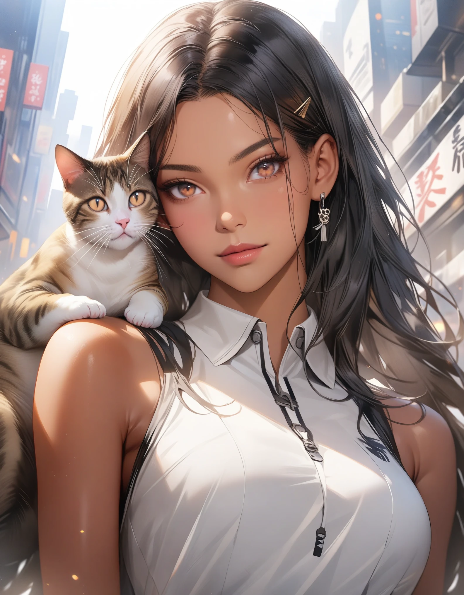 ((Masterpiece, top quality, high resolution)), ((highly detailed CG unified 8K wallpaper)), (huge stunning goddess shot, very hot and sexy, jaw-dropping beauty, perfect proportions, beautiful body, slim body beauty:1.3), A cat monster, bigger than a building, is sitting in the center of Tokyo, stomping on the building, arafed cat sitting on a ledge above a city at night, cat attacking tokyo, perched on a skyscraper, cyberpunk cat, planet of the cats, giant cat monster, with a city in the background, city in the background, towering over a city, acrophobia, bird's eye view, neko, very very surreal, bird eye view,