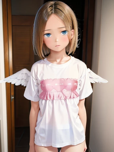 pink eyes, white shirt, short sleeves, short, light brown hair, medium hair, NO CHEST, Room, beautiful eyes, Beautiful eyes, beautiful eyes, expressionless, emotionless, sfw, Standing, Angel Wings, big shirt, no pants