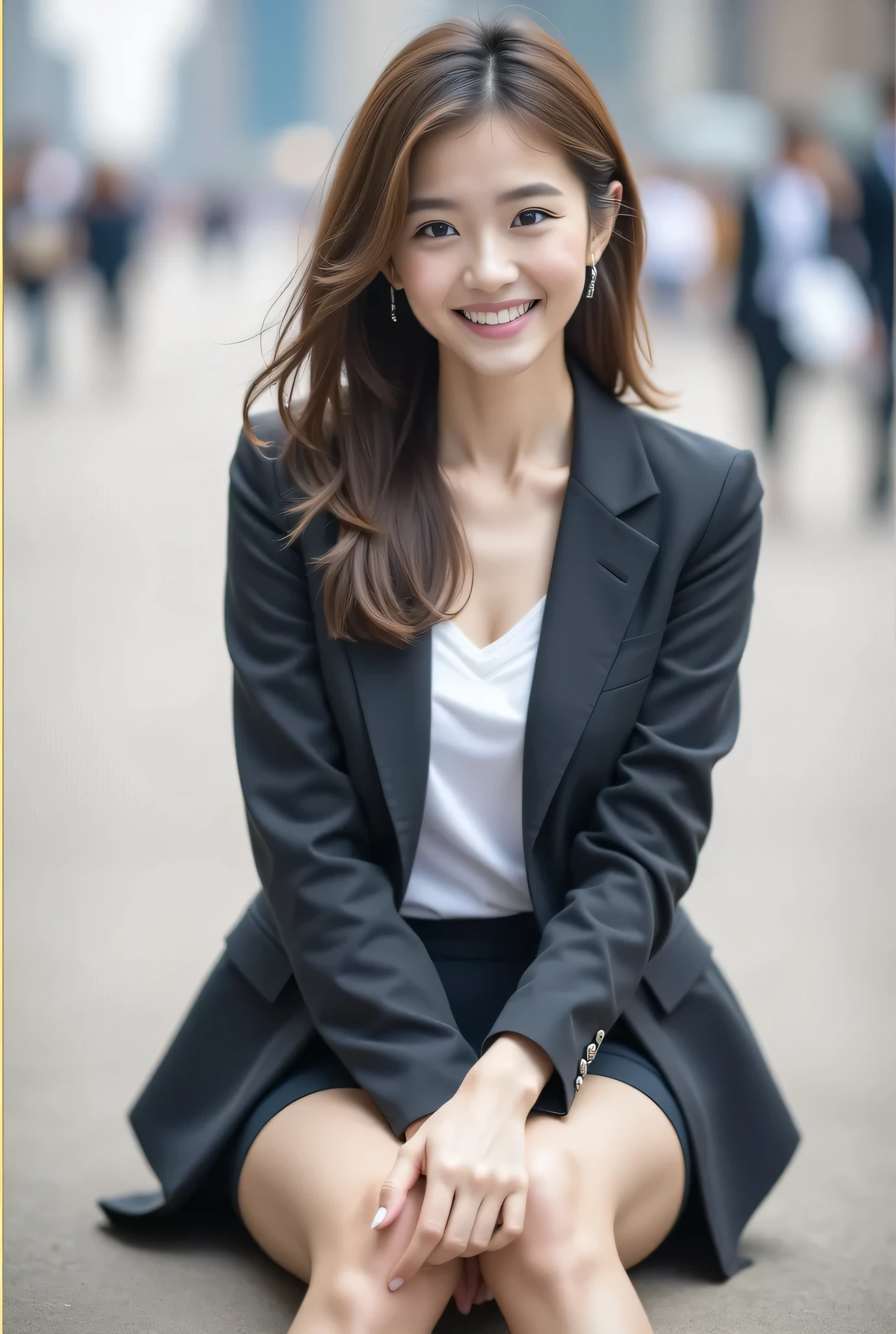 Best Quality, Realistic, Super detailed, finely, High resolution, 8K wallpaper, One beautiful woman,, Light brown messy hair, Wearing a business suit,Wear a side slit mini skirt、 Detailed and beautiful eyes, Thin Hair, Beautiful legs、Sitting on the breakwater、talk、chat