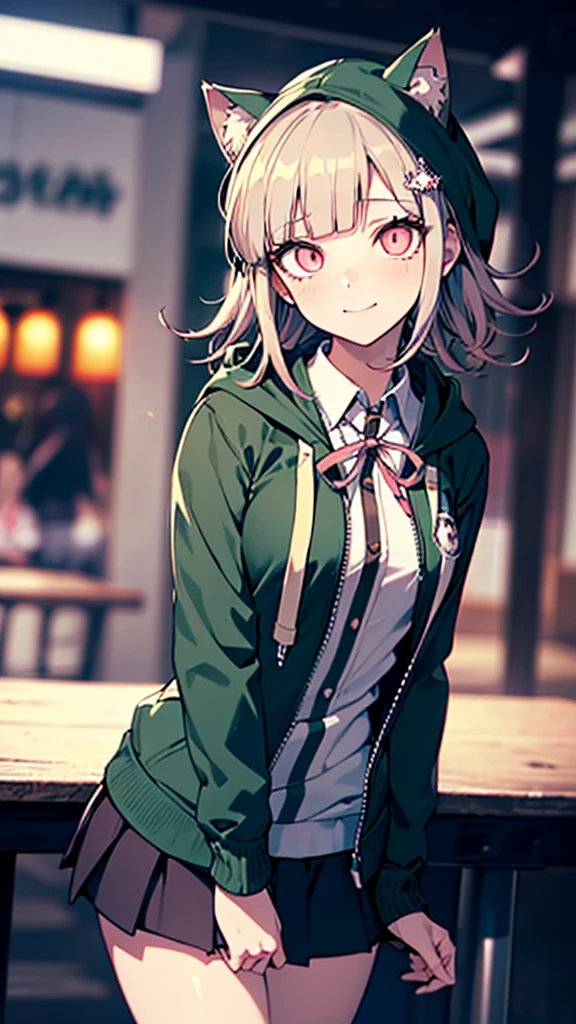 One girl, Alone,(in danganronpa styles:1.3),((Nanami Chiaki)),(light brawn hair:1.1),Hair Accessories,Medium Hair, (glowing eyes:1.5),((beautiful detaileyes:1.3)),White shirt,(dark green hoodie:1.3), (cat ear on the hoodie:1.3),((dark green hoodie on head:1.2)),Long sleeve,(hand on head),Neck ribbon,Zipper open,open jacket, over-kneehighs,Pink Ribbon,skirt,(8k wallpaper:1.3),Extremely detailed CG, (Perfect hands, Perfect Anatomy), (masterpiece:1.2),(tilt head:1.4),((blurry face:1.4)),(high detail),Silly face,(gentle smile:1.1)