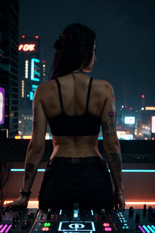 highest quality，masterpiece，8K, Beautiful woman，Expressionless，(Topless)，whole body，(tattoo)，Black slacks，female mafia，cyberpunk city，night，