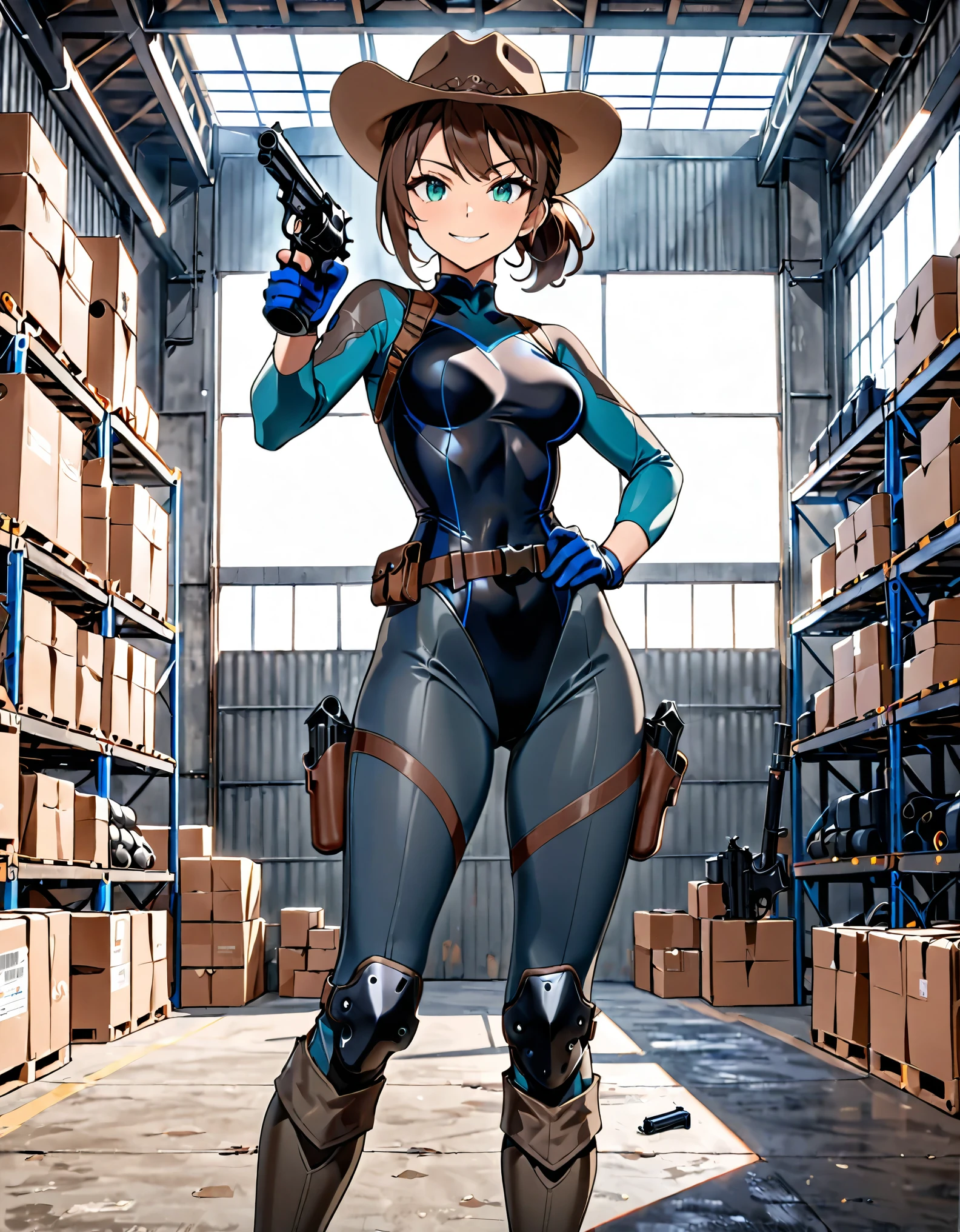 masterpiece, best quality, 8k, 1lady, solo, solo focus, (tall body), hispanic, brown hair, short hair, ponytail, blue-green eyes, medium breasts, beautiful detailed eyes, beautiful detailed face, smirk, ((brown cowboy hat)), (bodysuit, solid blue bodysuit, (leotard, black leotard:1.2, skin-tight dark grey leggings:1.2), perfect fit), long sleeves, (gloves, dark blue gloves, matching gloves, boots, combat boots, dark blue boots, matching boots), ((tight belt:1.1, pouches, drop-down pistol holster, knee pads)), ((pointing pistol at the viewer, revolver)), full body, cowboy shot, empty warehouse, danger atmosphere.