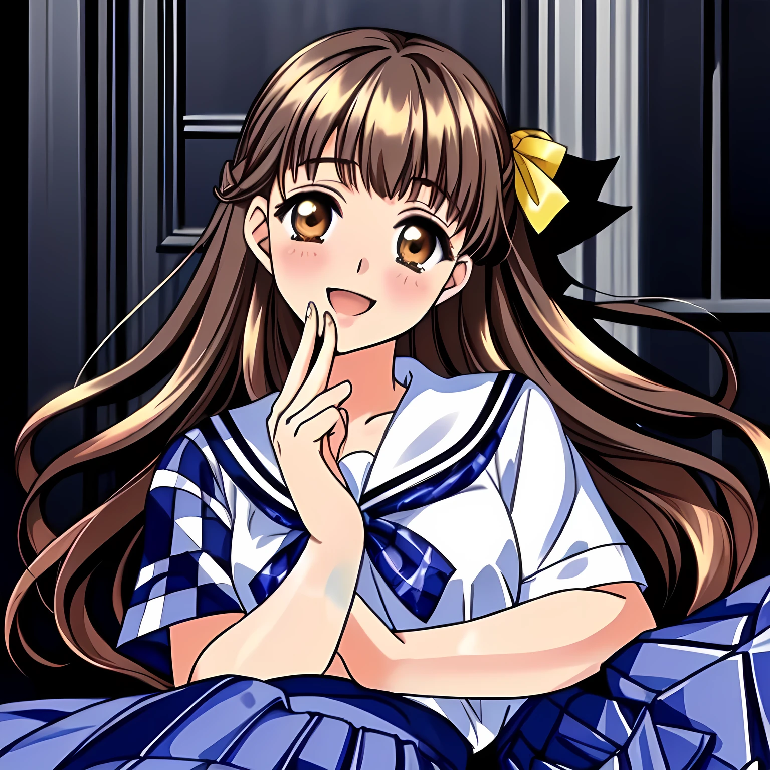 (highest quality, masterpiece: 1.6), (Beautiful noble yo beautiful lying anime noble heroine's portrait, Solo beautiful giggling noble elegant 15yo neat anime heroine wares school uniform is lying on a magical sexy bed and inviting me into deep harem of siren and succubi, Noble Elegant uniform: 1.5), (Very white frilled blouse), (Anime-heroine's girly noble laughing giggling brown eyes: 1.6), (Realistic Charming neat navy-colored very-neat well-pleated long checkered plaid school skirt: 1.5), (black background: 1.7), (Eyes, face and hair, and skirt is especially cutely detailed and carefully drawn), (Girl whom everyone loves because of her beauty and lovely fashion and noble manner and mind of succubus and magic-charm of succubus: 1.0), (Very beautiful, wavy, cutely super-super-long straight gorgeous rich dark black hair like hair model, with elegant big yellow hair ribbons: 1.3), (Drives me crazy for their neat skirts and Make me fall into their skirts: 1.5), (beautiful black hair: 1.5), (Perfect body style like a fashion model)