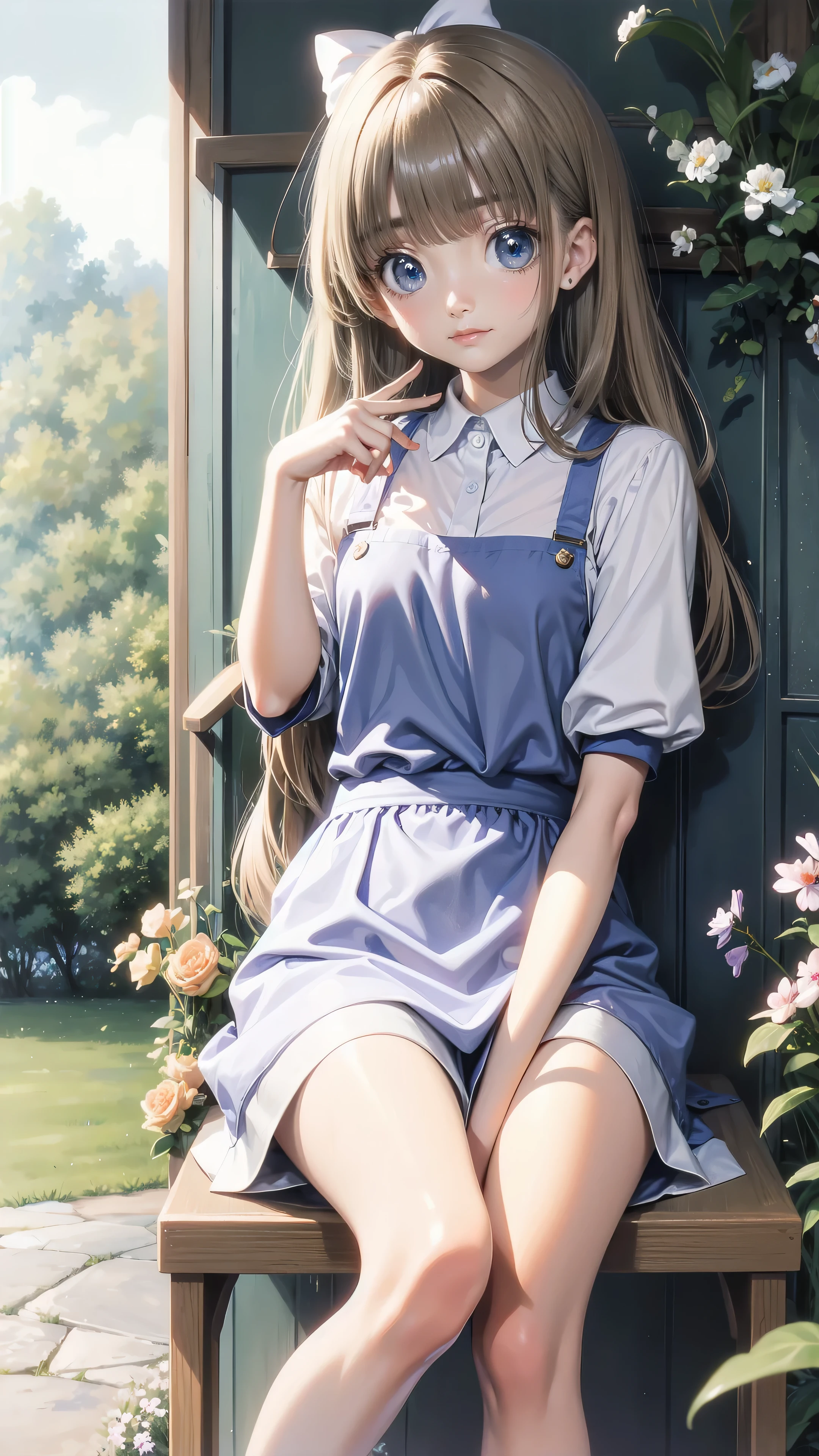 One girl, Alice, Alone, blue eyes, Blonde, blue hair bow, Long Hair, Short puffed sleeves, White apron, Blue Dress, White thighs, Small breasts, sweat, (Glowing Skin), Highly detailed outdoor environments, Beautiful Face, One beautiful girl, Taking a comfortable nap in the shade, ふしぎの国のAlice, Aliceは大きな木にもたれて眠っている, Beautiful Fields, The river flows, Aliceの周りに古い本が約5冊ある, One of them is open, トランプがAliceの周りにあり、About 10 playing cards are lying around, Hearts and diamonds are red, Spades and clovers are black, 1つのポケットウォッチがAliceの眠っている顔の近くに落ちている, Pocket watches are beautiful、Looks very expensive, Gentle Breeze, White Flower, peace, Story Scene,