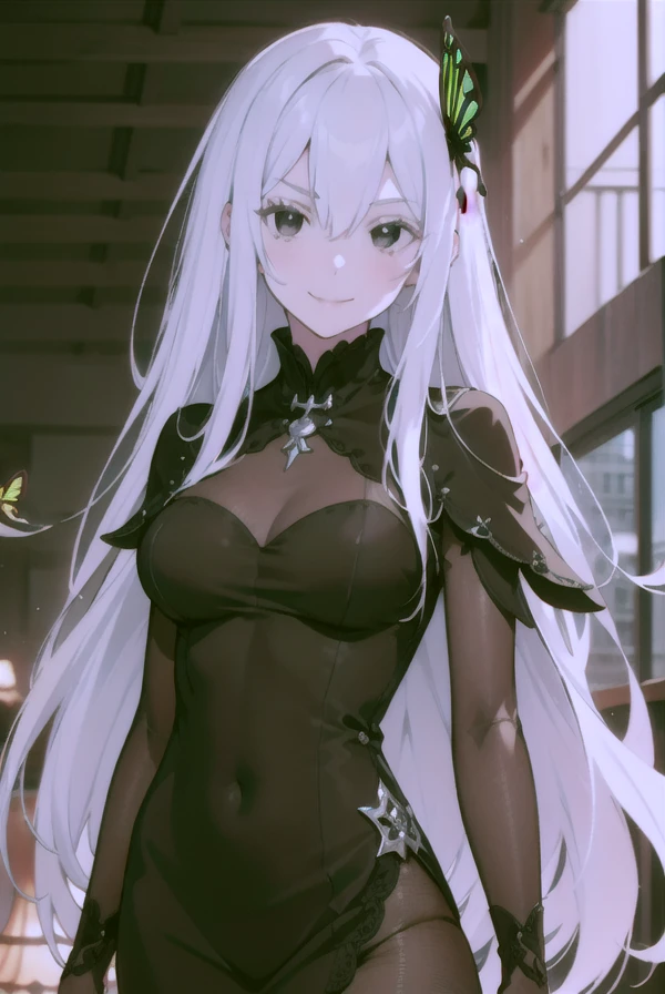 ((Echidna)),Big eyelashes, (Gray Hair), Long Hair, Straight hair, (Black Eyes:1.5),(black dress),butterfly Hair Accessories,long dress, Hair Accessories,whole body,(masterpiece:1.2), Best Quality, High resolution,((8k wallpaper:1.3)),(Beautiful detailed eyes:1.5), Highly detailed face, perfect lighting, Extremely detailed CG, (Perfect hands, Perfect Anatomy),((gentle smile)),((tilt head:1.1)),(evil smile),hard on cheek,(hull body),cute,