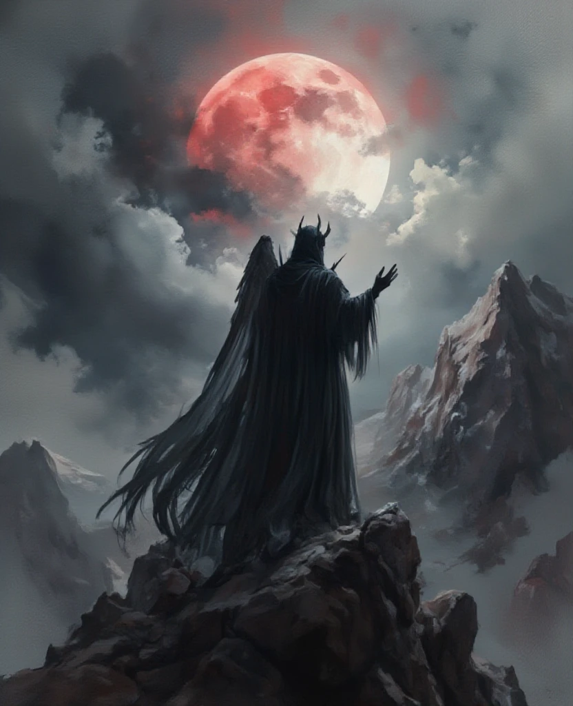 watercolor, wet on wet, paintstreaks, dark shades of grey, a shadowy fallen Angel with horns and scabbed wings stands on top of a gigantic mountain and points to a blood red moon covered in darkened clouds