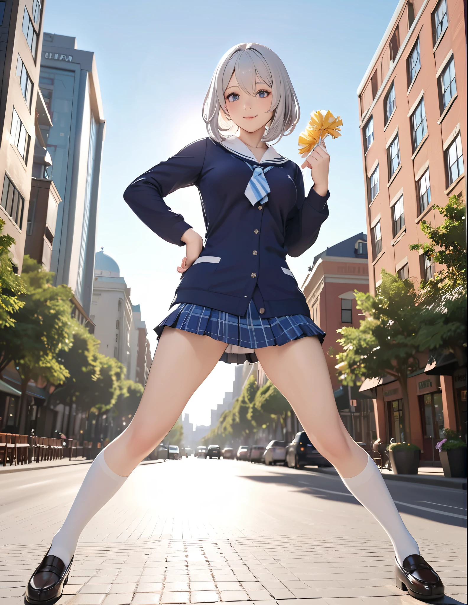 masterpiece, best quality, highres, ultra detailed, (cute girl in anime illustration style), all intricate and precise, beautiful detailed face and eyes, high resolution, perfect anatomy, flawless skin, smooth skin nice hands, perfect hands  BREAK (shiny silver hair:1.2), (bob cut, bang between eyes, beautiful hair), (glossy silver eyes:1.5), (beautiful eyes, twinkle eyes, large eyes), (athlete body, large breasts), cute face, beautiful face, pretty face, beautiful, best quality, good anatomy, long eyelashes, expressive eyes, Perfect Hands, perfecteyes, BREAK cute school uniform, outerwear is (dark navy large cotton cardigan:1.5), closed front, long sleeves, (button-up:1.3), (dark navy tops:1.5), innerwear is white collared shirt, (light blue gingham plaid ribbon on neck), light blue gingham plaid pleated skirt, mini skirt, white socks, loafers, holding school bag, BREAK 1girl, at (10:00 O'clock, morning, blue sky, sunshine, bright), city, street, cheer, smile, pinup, dynamic pose