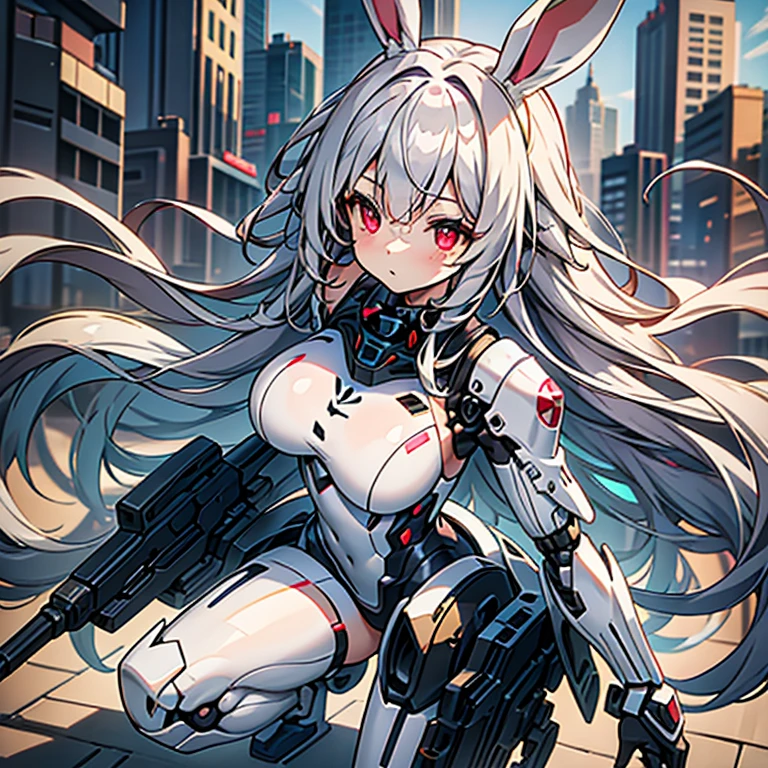 Hand Repair,Best Quality,detailed,masterpiece,8k,One girl,beautiful girl,wide shot,City Background,((Bunny ears,Animal ears)),White Hair,Long Hair,Hair covering ears,Highlight Eyes,Red eyes,Wearing black mechanical armor,Has a laser rifle,Facing forward