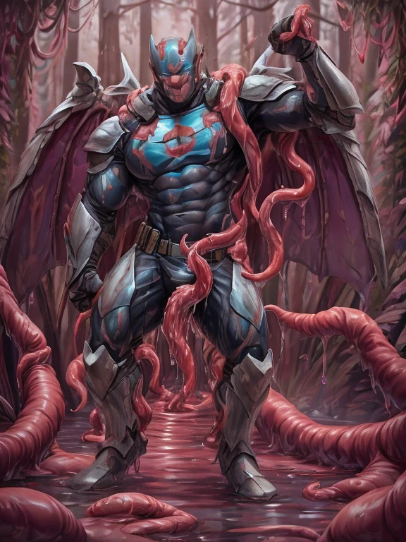 Superhero, hero, strong and robust male, Armor, Tentacle entanglement, uniform, Binding hands togethe, wet, slime, tentacles, slimy tentacles, Genetic variant, Host parasite, Parasitic infection, Biochemical origin, Biochemical core