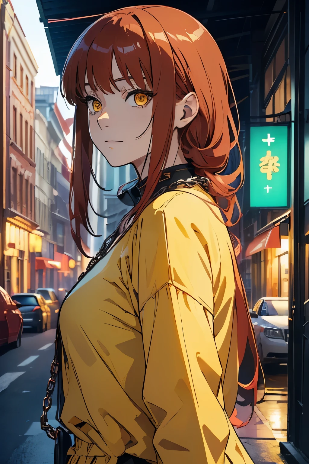 (masterpiece, top quality, best quality, official art, beautiful and aesthetic: 1.2), Makima (1 woman: 1.3), patterns, (red hair, yellow eyes), street background, calm smile, long chain, modern OL clothes, calm, cold, cool, thinking, upper body, from side
