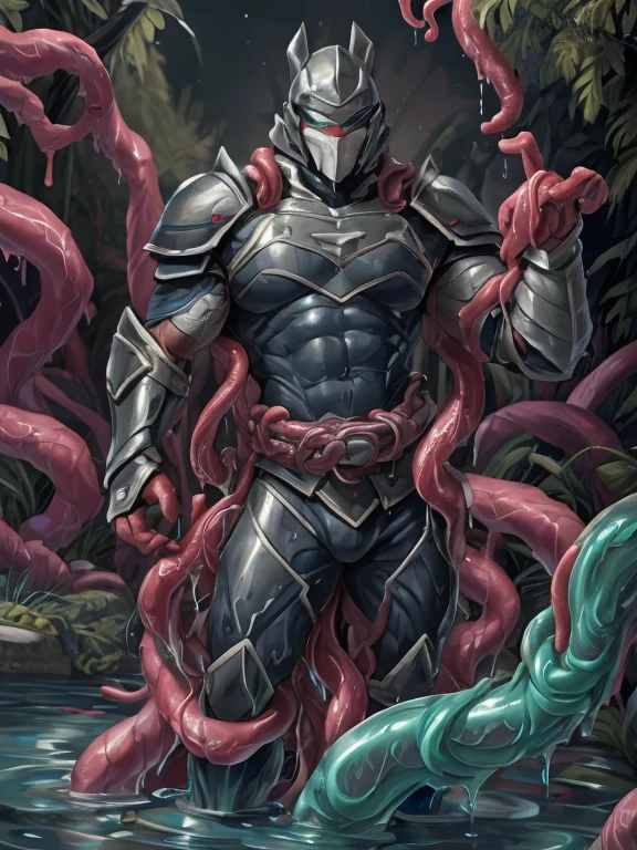 Superhero, hero, strong and robust male, Armor, Tentacle entanglement, uniform, Binding hands togethe, wet, slime, tentacles, slimy tentacles, Genetic variant, Host parasite, Parasitic infection, Biochemical origin, Biochemical core