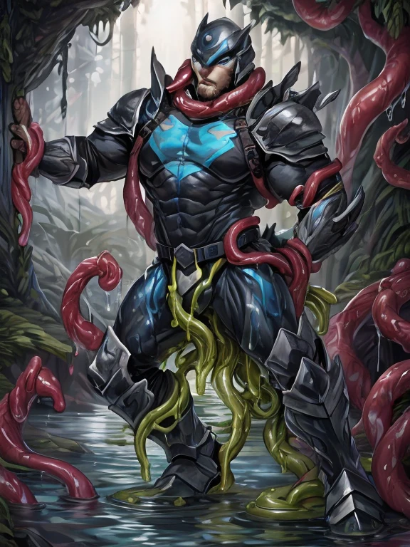 Superhero, hero, strong and robust male, Armor, Tentacle entanglement, uniform, Binding hands togethe, wet, slime, tentacles, slimy tentacles, Genetic variant, Host parasite, Parasitic infection, Biochemical origin, Biochemical core