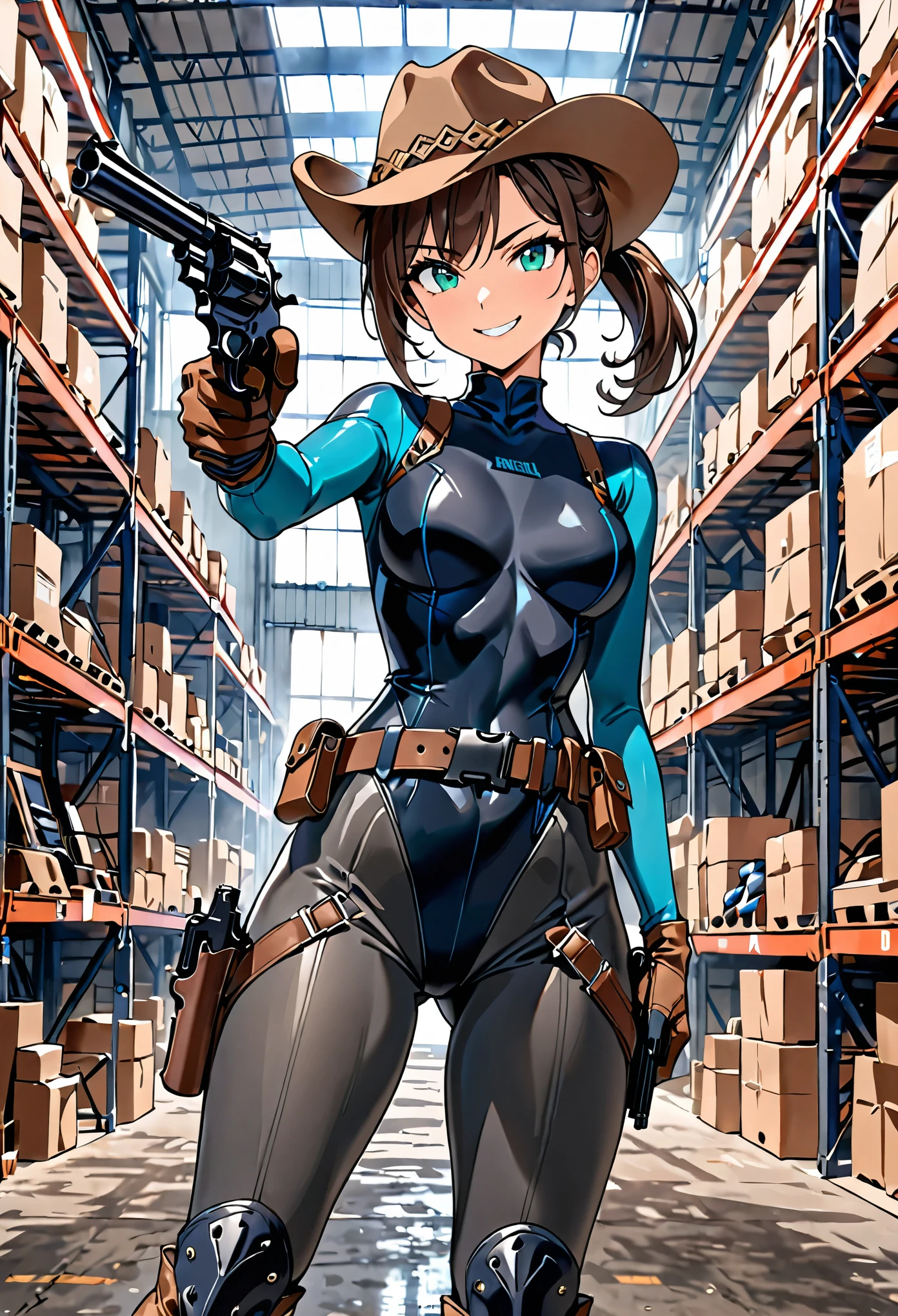 masterpiece, best quality, 8k, 1lady, solo, solo focus, (tall body), hispanic, brown hair, short hair, ponytail, blue-green eyes, medium breasts, beautiful detailed eyes, beautiful detailed face, smirk, ((brown cowboy hat)), (bodysuit, solid blue bodysuit, (leotard, black leotard:1.2, skin-tight dark grey leggings:1.2), perfect fit), long sleeves, (gloves, dark blue gloves, matching gloves, boots, combat boots, dark blue boots, matching boots), (tight belt:1.1, pouches, drop-down pistol holster, knee pads), ((pointing pistol at the viewer, revolver)), full body, cowboy shot, empty warehouse, danger atmosphere.