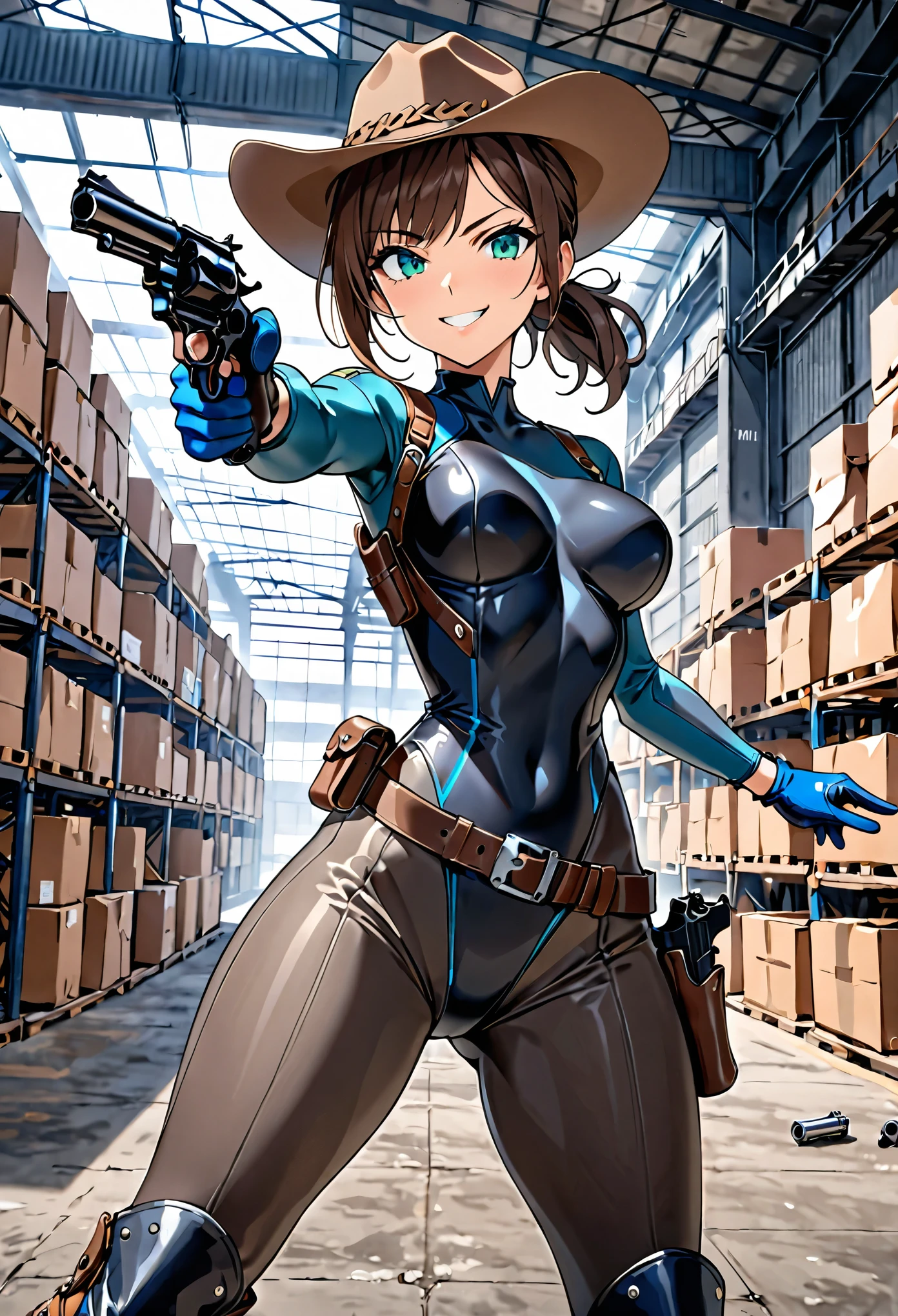 masterpiece, best quality, 8k, 1lady, solo, solo focus, (tall body), hispanic, brown hair, short hair, ponytail, blue-green eyes, medium breasts, beautiful detailed eyes, beautiful detailed face, smirk, ((brown cowboy hat)), (bodysuit, solid blue bodysuit, (leotard, black leotard:1.2, skin-tight dark grey leggings:1.2), perfect fit), long sleeves, (gloves, dark blue gloves, matching gloves, boots, combat boots, dark blue boots, matching boots), (tight belt:1.1, pouches, drop-down pistol holster, knee pads), ((pointing pistol at the viewer, revolver)), full body, cowboy shot, empty warehouse, danger atmosphere.