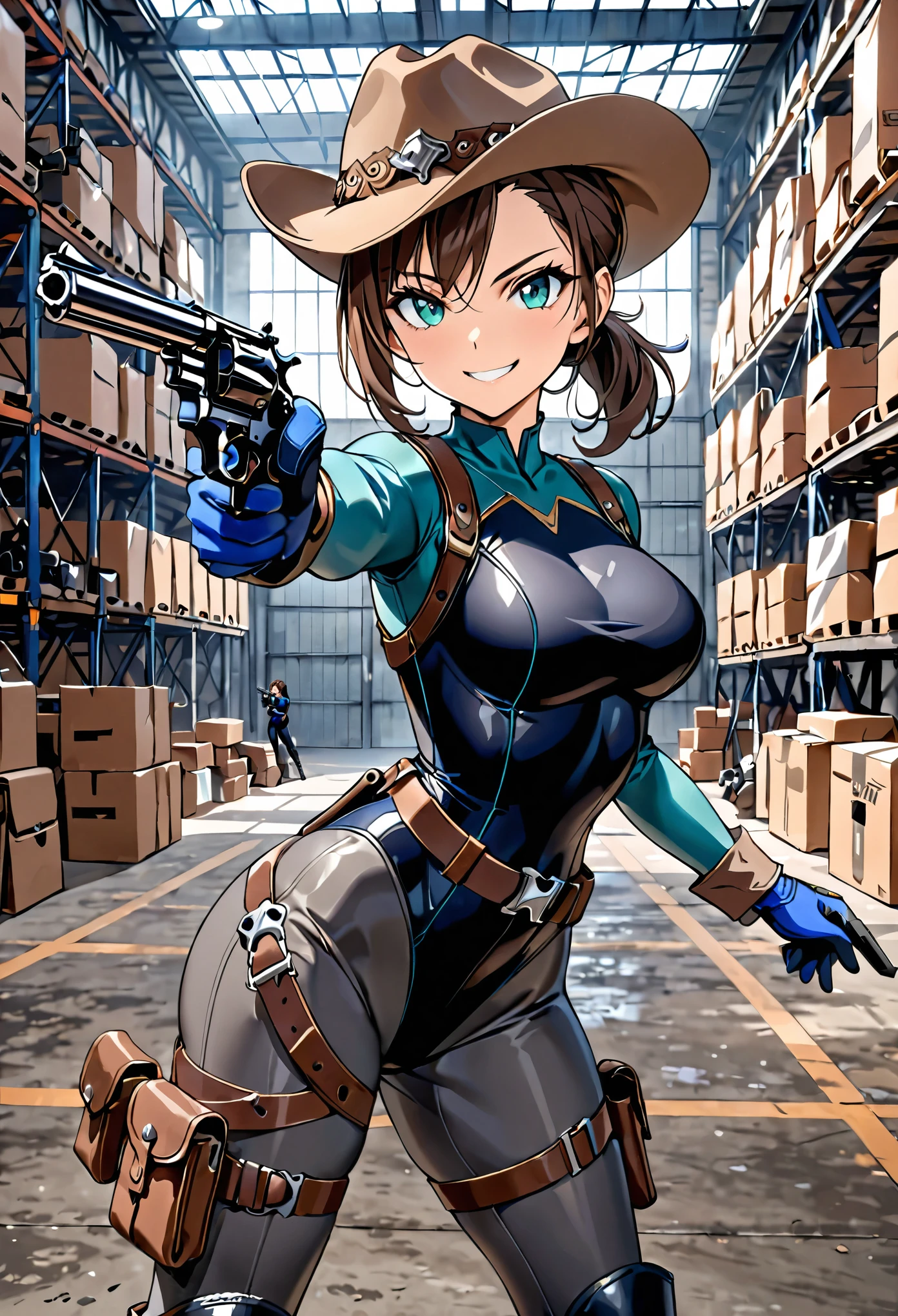 masterpiece, best quality, 8k, 1lady, solo, solo focus, (tall body), hispanic, brown hair, short hair, ponytail, blue-green eyes, medium breasts, beautiful detailed eyes, beautiful detailed face, smirk, ((brown cowboy hat)), (bodysuit, solid blue bodysuit, (leotard, black leotard:1.2, skin-tight dark grey leggings:1.2), perfect fit), long sleeves, (gloves, dark blue gloves, matching gloves, boots, combat boots, dark blue boots, matching boots), (tight belt:1.1, pouches, drop-down pistol holster, knee pads), ((pointing pistol at the viewer, revolver)), full body, cowboy shot, empty warehouse, danger atmosphere.