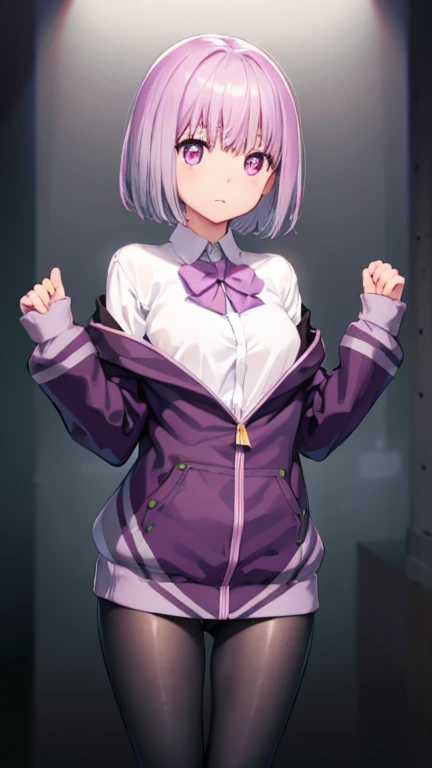 Akaneshinjou, Shinjo Akane, LIGHT PURPLE HAIR, (pink eyes:1.2), short hair,
to break black pantyhose, bow, collared shirt, hood, hooded jacket, jacket, open clothes, open jacket, open shirt, pantyhose, purple bow, purple jacket, , shirt, the sleeves go over the wrists, unbuttoned shirt, white shirt,
to break indoors, city,
to break looking at viewer, to break (masterpiece:1.2), the highest quality, High resolution, unity 8k wallpaper, (figure:0.8), (detailed and beautiful eyes:1.6), highly detailed face, perfect lighting, very detailed CG, (perfect hands, perfect anatomy),