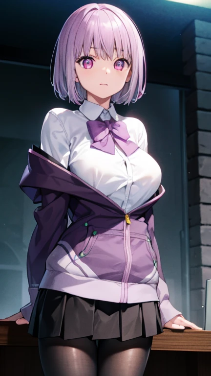 Akaneshinjou, Shinjo Akane, LIGHT PURPLE HAIR, (pink eyes:1.2), short hair,
to break black pantyhose, bow, collared shirt, hood, hooded jacket, jacket, open clothes, open jacket, open shirt, pantyhose, purple bow, purple jacket, , shirt, the sleeves go over the wrists, unbuttoned shirt, white shirt,
to break indoors, city,
to break looking at viewer, to break (masterpiece:1.2), the highest quality, High resolution, unity 8k wallpaper, (figure:0.8), (detailed and beautiful eyes:1.6), highly detailed face, perfect lighting, very detailed CG, (perfect hands, perfect anatomy),