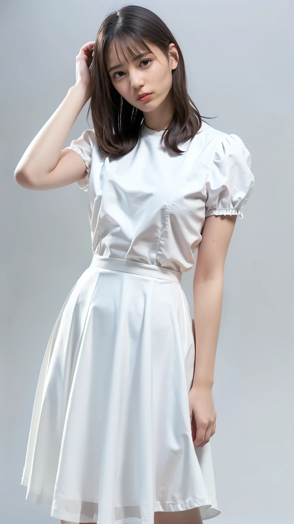 Highest quality,masterpiece,Ultra-high resolution,(Actual:1.4),Original photo,Ultra-high resolution,8K,There are also women,Fair skin、She is wearing a short-sleeved white blouse and a long white skirt.,
Long legs:1.5,Bright and beautiful,high waist,,Gray background,