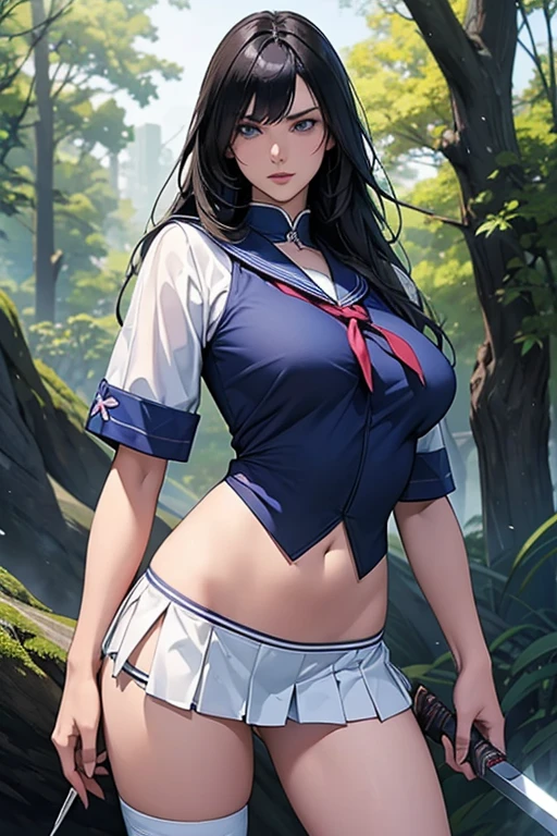 1female,36 years old,熟妇,mature,Bigchest,Big breasts Thin waist,long leges,Raised sexy,Pornographic exposure, 独奏,(Background with:ln the forest,the rainforest,in summer) She has long purple hair,standing on your feet,Sweat profusely,drenched all over the body,seen from the front, hair straight, mostly cloudy sky,(((tmasterpiece),(Very detailed CG unity 8K wallpaper),best qualtiy,cinmatic lighting,detailed back ground,beatiful detailed eyes,Bright pupils,(Very fine and beautiful),(Beautiful and detailed eye description),blue color eyes,Redlip,ultra - detailed,tmasterpiece,)),facing at camera,(The upper part of the body),A high resolution,ultra - detailed),revealing breasts,Bare genitalia, Bulge,legs are open,sexyposture,Camel toes,Flushed complexion,Open-mouthed,frontage,Big high school girl,Sailor's cap,(Wearing:a sailor suit)