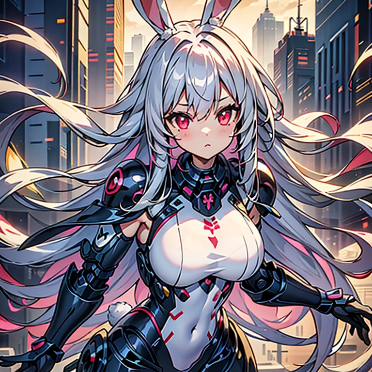 Hand Repair,Best Quality,detailed,masterpiece,8k,One girl,beautiful girl,wide shot,City Background,((Bunny ears,Animal ears)),White Hair,Long Hair,Hair covering ears,Highlight Eyes,Red eyes,Big Breasts,Wearing black mechanical armor,He holds an energy sword in his right hand.,Facing forward