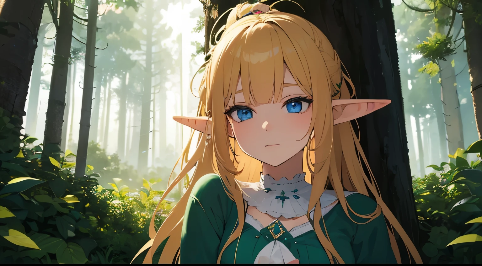 (alone) (A girl) an elf with big breasts, blond hair and blue eyes, his pointed ears, His face expresses curiosity in a forest. She is wearing a green dress.