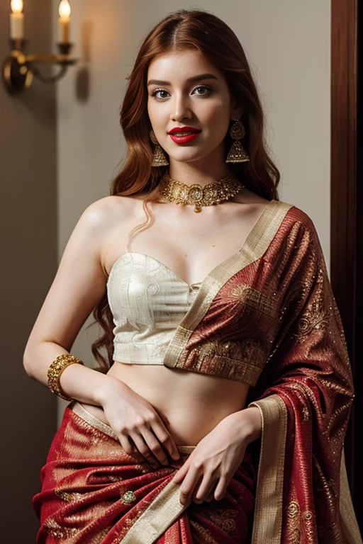 Pornstar jia lissa, she standing in Indian wedding  sassy photoshoot, (wearing full Indian saree ),(red lipstick, sexy bright face), (intricate detailing of face eyes nose mouth full lips & body parts), textured skin, smile:0.6, eyes symmetry, face symmetry, 256K, HDR, hyper realistic, intricate detailing, yotta-pixel image, yocto-pixel detailing, super realistic,4k, HDR, detailed image, full cover saree, full body capture, whole body capture in this picture 