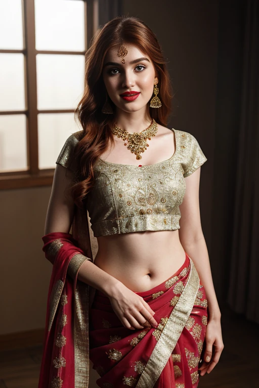 Pornstar jia lissa, she standing in Indian wedding  sassy photoshoot, (wearing full Indian saree ),(red lipstick, sexy bright face), (intricate detailing of face eyes nose mouth full lips & body parts), textured skin, smile:0.6, eyes symmetry, face symmetry, 256K, HDR, hyper realistic, intricate detailing, yotta-pixel image, yocto-pixel detailing, super realistic,4k, HDR, detailed image, full cover saree, full body capture, whole body capture in this picture 