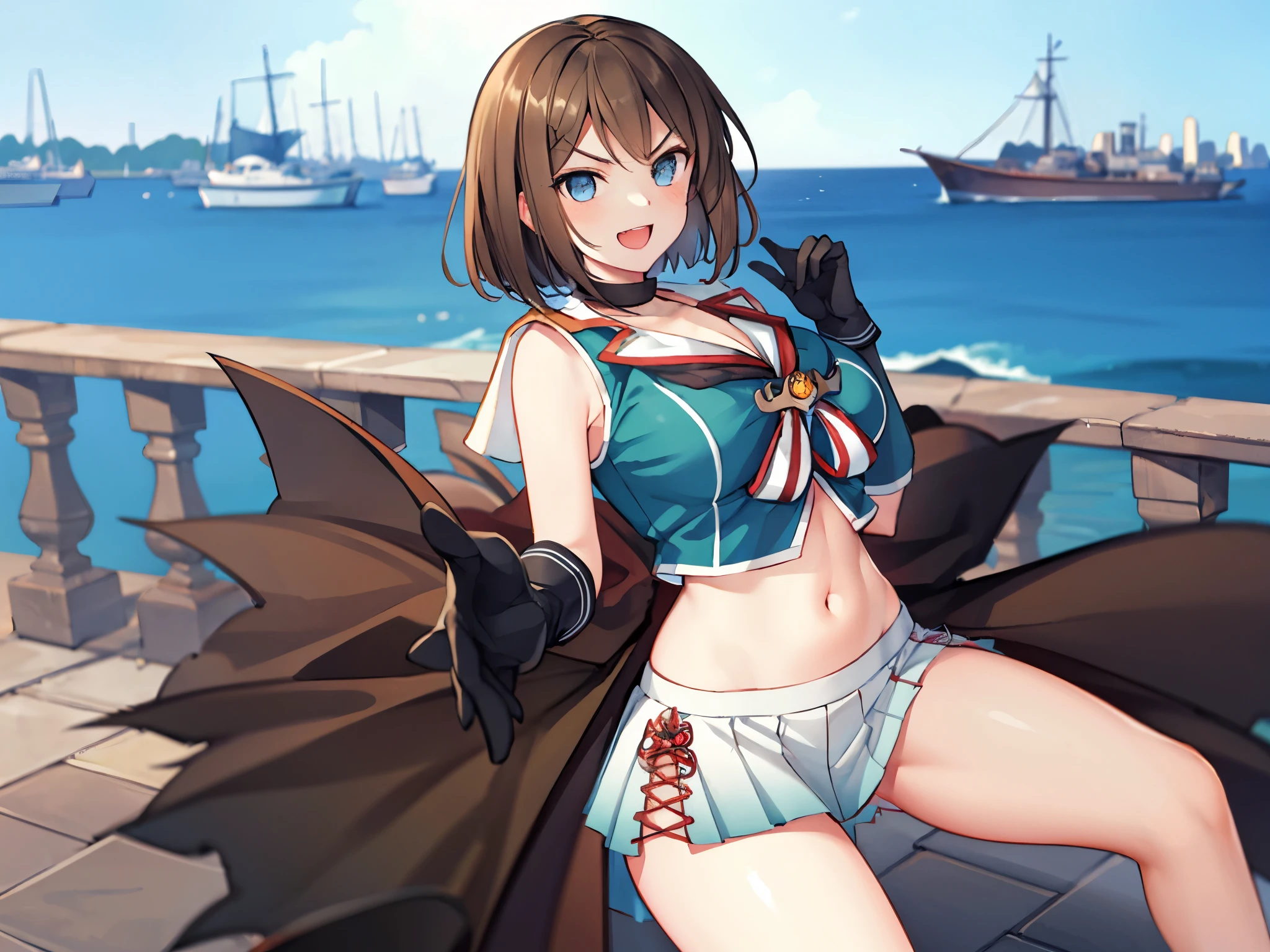 masterpiece, best quality, integrated scenery, integrated background, extremely delicate and beautiful, meticulous details, good composition, , cute face, perfect face, perfect hands, 1young_teen_ girl, , brown_hair, medium_bob_hair, blue_midriff_baring_sailor_uniform, mini_skirt, short_sleeve, thighs, gigantic_breasts, (angry_eyebrows:0.8), smile,:D, harbor_background, slightly_spread_Legs, happiness, short_gloves,