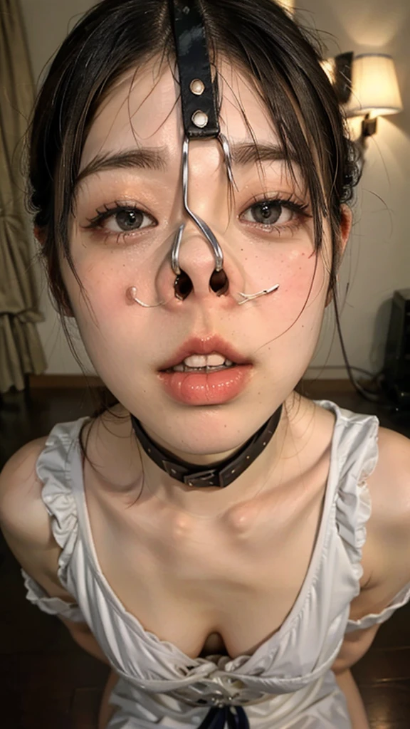 (Browsing Caution:-2), (Realistic, photo-Realistic :1.4), (Highest quality, masterpiece:1.2), RAW Photos, High resolution, Intricate details, Very detailed, Realistic and sharp details, Portraiture, (Front view:1.2 ), alone, Beautiful Japanese Woman, Beautiful woman, (Black Hair), (Short Bob Hair), Detailed face, Detailed eyes, Beautiful Eyes, Refined nose, Pale skin, Fine skin, (Nose hook, Chain strap), (Gemstone Choker), clavicle, shoulder, T-Shirts, skirt, Sailor suit、(whole body)、(Configuration from below)、(tattoo)、(Nipples)、(Are crying)、(tearsを流す)、(tears:1.2)、(Eyes that cried)、(tearsを流す)、(Crying face)、Nose hook、