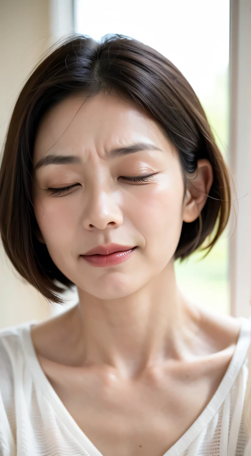 (Extremely realistic photos, High resolution, Detailed face, Detailed skin, masterpiece), Natural Light, close up shot, Beautiful mature Japanese woman, 40 years old, short bob hair style, (closed eyes:1.5), (in severe pain:1.5), Frowning