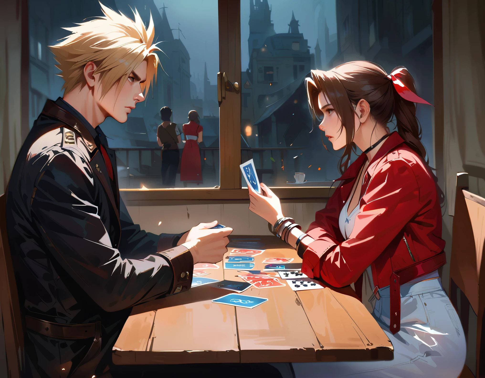 (masterpiece), (High quality), (Realistic 1.5), Aerith, Card game,Sitting,cloudstrife,(There must be Only two people in the image),serious