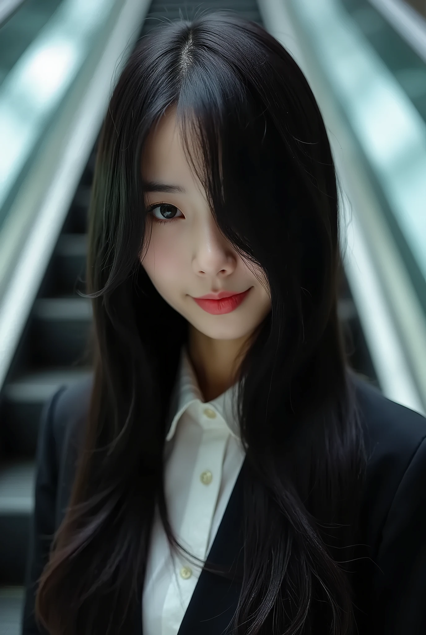 Arafed woman with long black hair and a white shirt - SeaArt AI