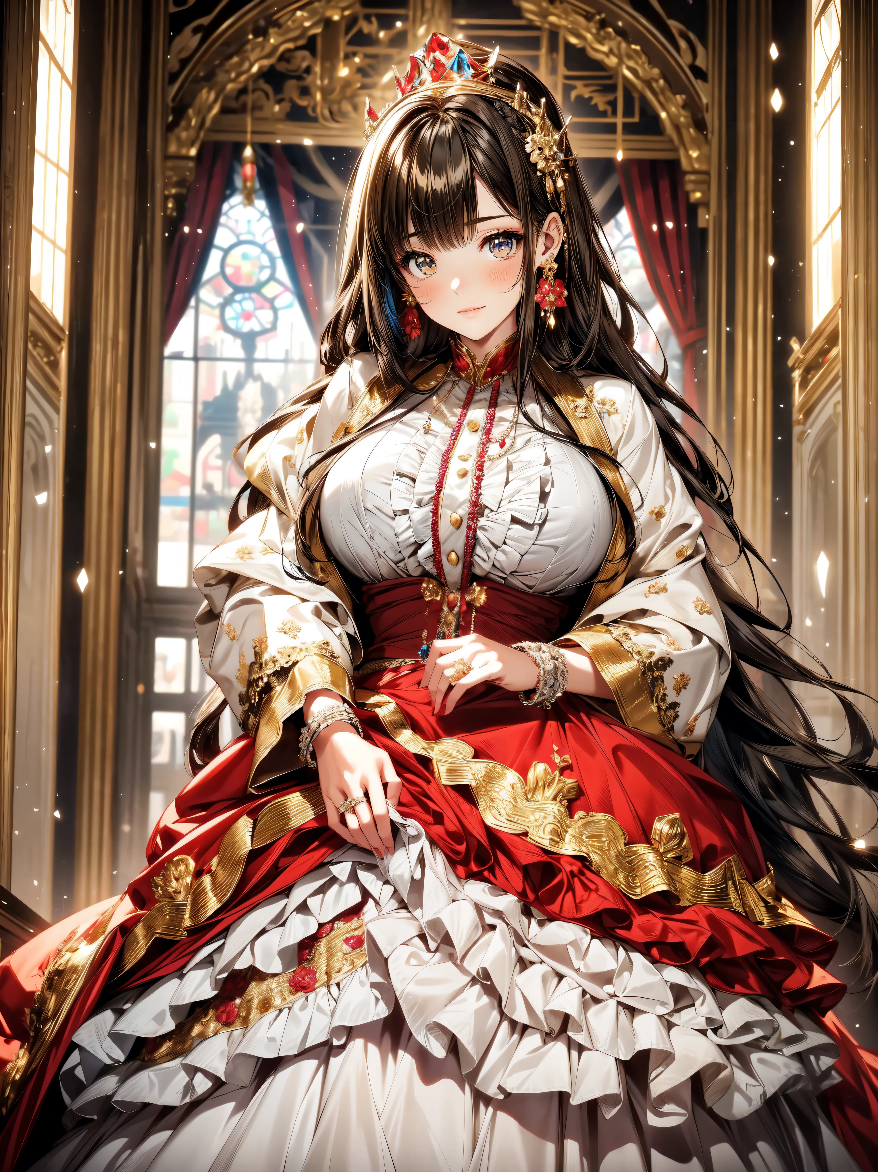 ((Ultra HD)), ((Super detailed)), ((Best Quality)), (((Princess with a young face))), Vibrantly colored Rococo Victorian gown, Beautiful lace, precious jewels and intricate embroidery, A voluminous, princess-style long skirt, A luxurious dress with super multi-layered frills, sequins and rosettes., Extremely complex and difficult to understand structure, Huge breasts, (((Complete Hand))), ((In the majestic cathedral)),