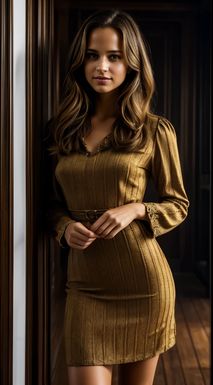 Foto hiperrealista en primer plano de Alicia Vikander, masterpiece, best quality, (photorealistic:1.4), full body, (wearing 1970s dress:1.2) tavern, cinematic light, beautiful woman, skinny, medium breasts, dark blond hair, detailed face, smile, facing the camera, photo taken from a distance, age of 20 years old, relaxed pose, realistic, intricate details, warm colors,