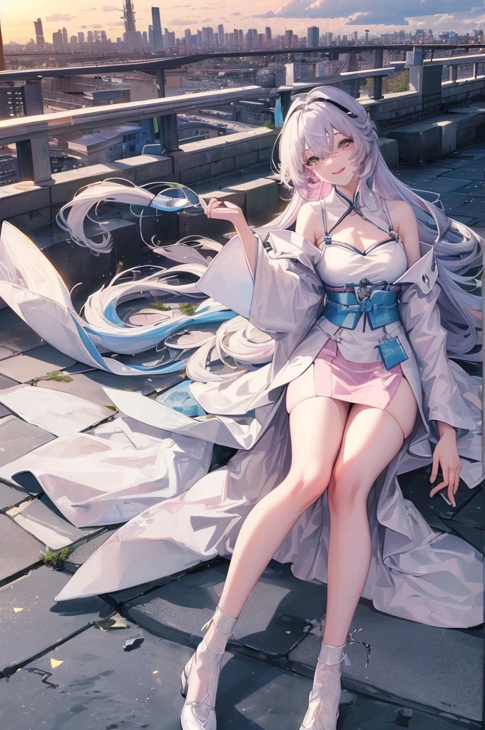 official art, masterpiece, sharp focus, (beautiful gorgeous cute Korean woman:1.3), (beautiful cute korean:1.3), korean beauty, Delicate and beautiful hair and eyes and face, realistic, ultra detailed, beautiful girl, blue sky, glow white particle, (sidelighting:1.2), sun light, white cloud, detailed clouds, slender, Lovely very large breasts and very large hips, smile with teeth, ((smile with eyes, open both eyes)), scenery, long straight hair, sexy facial expression, building, (cityscape:1.7), dynamic hair, long straight hair, detailed platinum pink hair, glow blue eyes, (blue pleated shirts + white skirt), white long socks, pale skin, hair ornament, epic scenery,