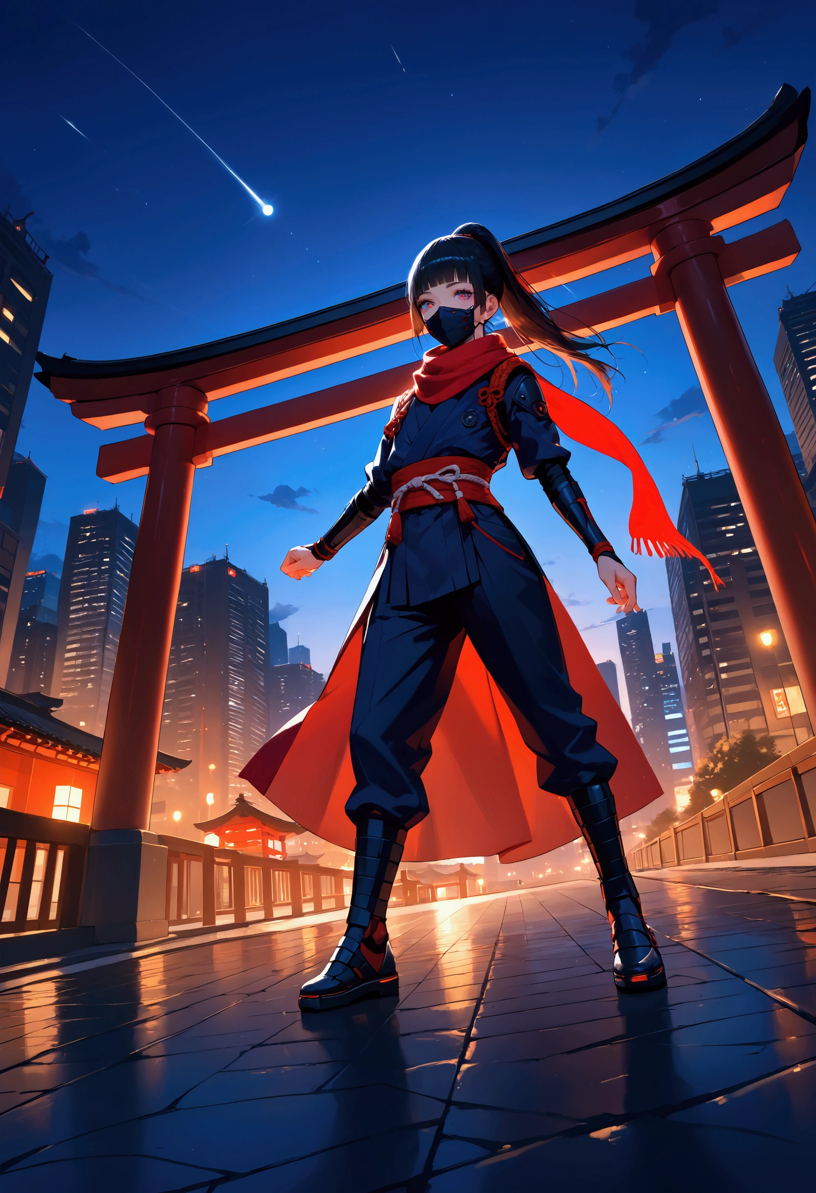 core_9, score_8_up, score_7_up, Very beautiful boy,Strike a Pose,Make a seal,Impressive photos,Angle from below,Ninja Mask, Ninja clothing,Red scarf,Black Hair,,Semi-long,Hime cut,ponytail,Night cityscape,Rooftop,Asahi,Backlight,Cyberpunk,torii,Unreal beauty,Captivating eyes, femboy, trap,Sweating,Beautiful Shadows,Best Quality, (Intricate details), Cinematic Light,Ray Tracing