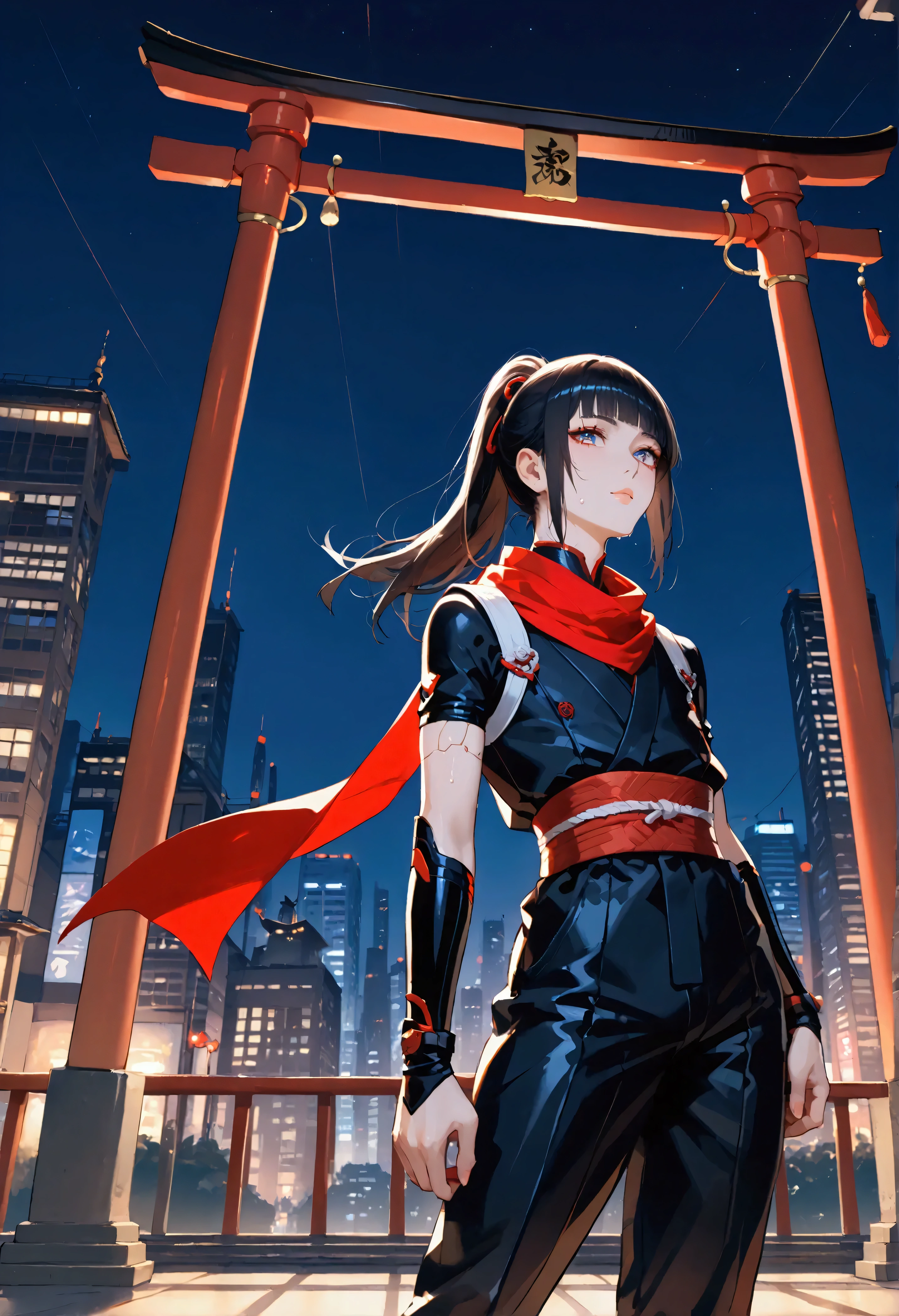core_9, score_8_up, score_7_up, Very beautiful boy,Strike a Pose,Make a seal,Impressive photos,Angle from below,Ninja Mask, Ninja clothing,Red scarf,Black Hair,,Semi-long,Hime cut,ponytail,Night cityscape,Rooftop,Asahi,Backlight,Cyberpunk,torii,Unreal beauty,Captivating eyes, femboy, trap,Sweating,Beautiful Shadows,Best Quality, (Intricate details), Cinematic Light,Ray Tracing