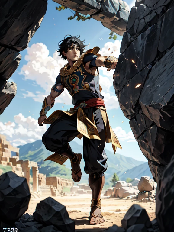 Ultra Real、Anime-like depiction、/(ultra-ancient times、BC3500 Settings、Armenian realistic/), A boy fighting in an arena made of rocks。hood remains。(The boy&#39;s face resembles a young Arnold Schwarzenegger)、Webbed brown hair reaches down to her shoulders。Well-built and tall、Very wide shoulders、Slender and thin、Boy&#39;s physique、Carrying a large broadsword。Worn brown and dark green tunic clothing、and leather shoulder pads、Small tattered leather breastplate、Broken Gauntlet、Roman Sandals。Wounds all over the body。A tense moment in the arena。Face off against a giant enemy。Enthusiastic audience。Desert and Hills。Iron grating。/(The enemy is a fat gladiator who stares sickly at the boy./)、