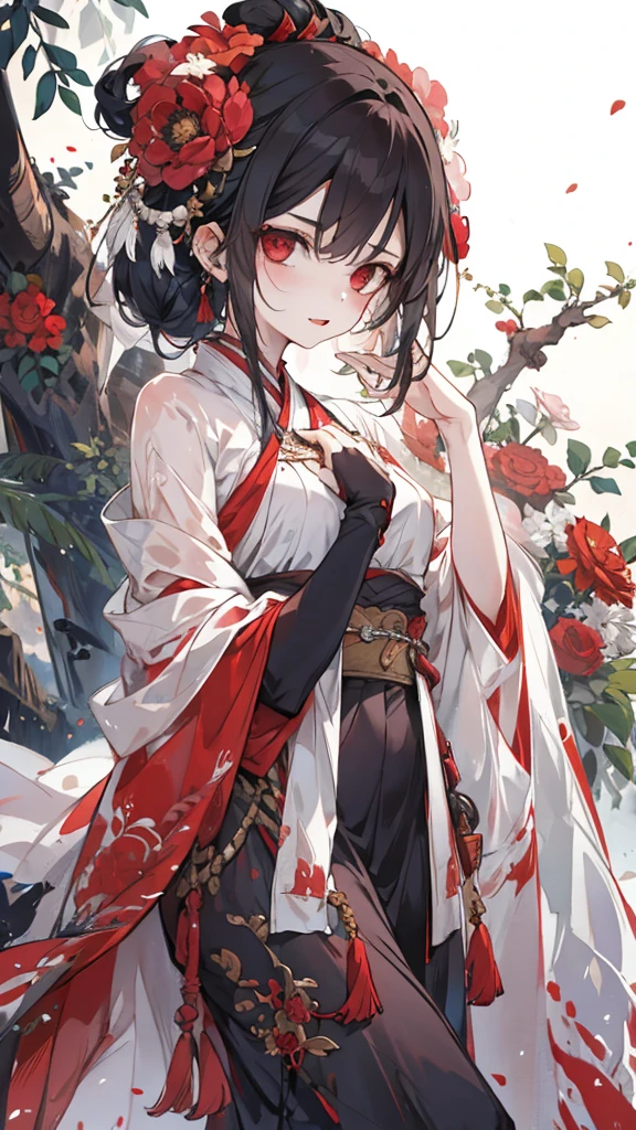 Name is Ranmaru Girl, Black Hair, Pretty Red Eyes, Flower Hair Ornament, Gentle Smile, Fair Skin, Two-Dimensional, Night Scene with Background, Simple Japanese Clothes