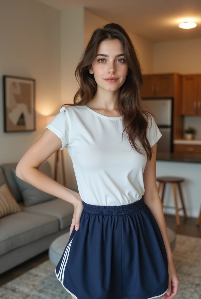 Realistic photo, wearing white t-shirt and navy skirt with white strips, standing on the living room