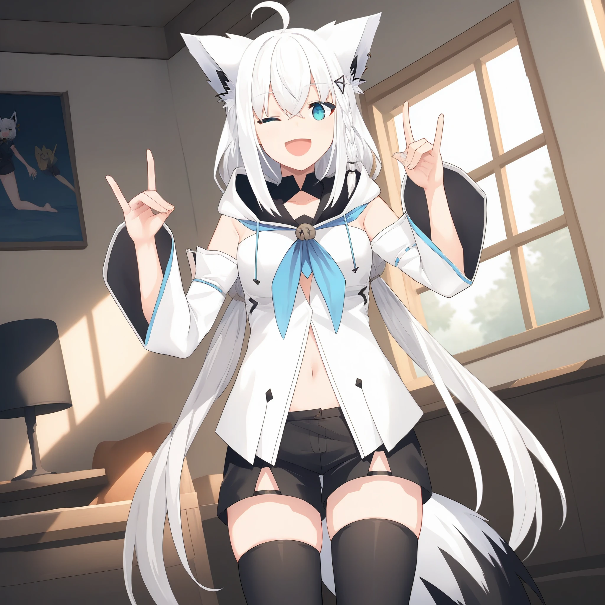 core_9,score_8_up,score_7_up,source_anime,1girl,high res image,masterpiece,best quality,(girl:1),cute face,clear skin,shiny hair,fubuking_nml,black shorts,long hair,white hair,fox ears,thighhighs,ahoge,detached sleeves,thigh strap,blue neckerchief,braid,black thighhighs,smile,open mouth,pentagram,fox tail,CandiCLASSROOM,,fox shadow puppet,class room,one eye closed