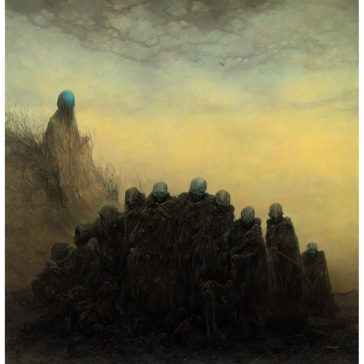 Mythical creatures, author：zislaw Beksiński and Brom, (The image is a painting that depicts a group of people in a barren landscape, with some of them appearing to be almost dead  )Album cover, romantic, Surrealism, Futuristic ,Smiling ,  Wizard, Abstracted, dark,  landscape (best quality:1.4),dw01-3400